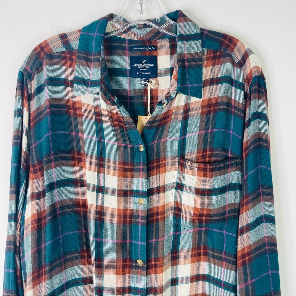 NWT AEO green cream rust plaid flannel button front boyfriend top XXL - Picture 2 of 8